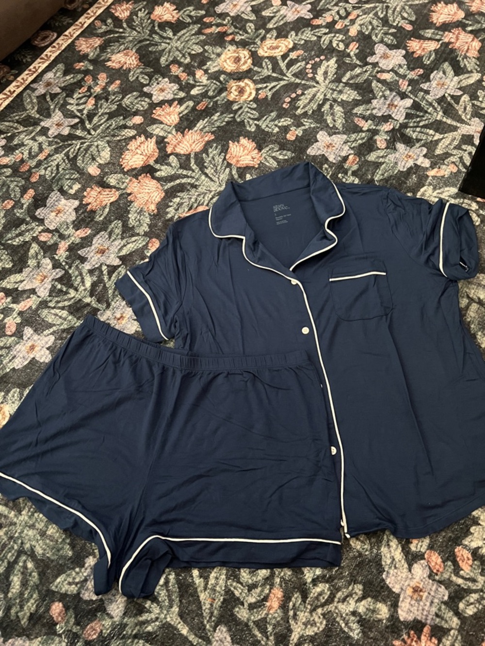 stars above Navy Short Pajama Set with White Piping